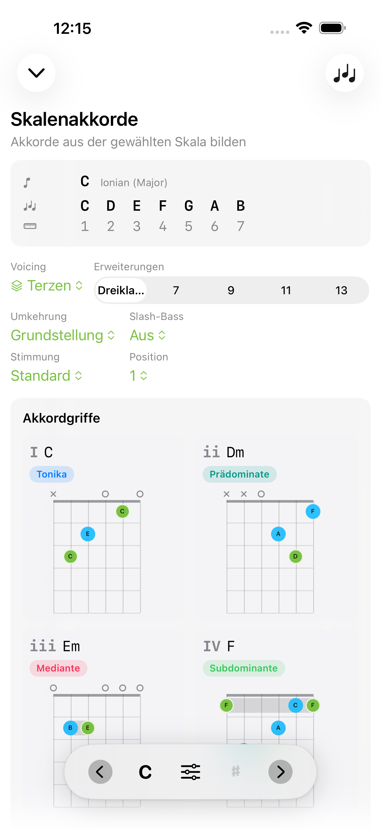 Tonleiter-Akkorde-Bildschirm auf iPhone